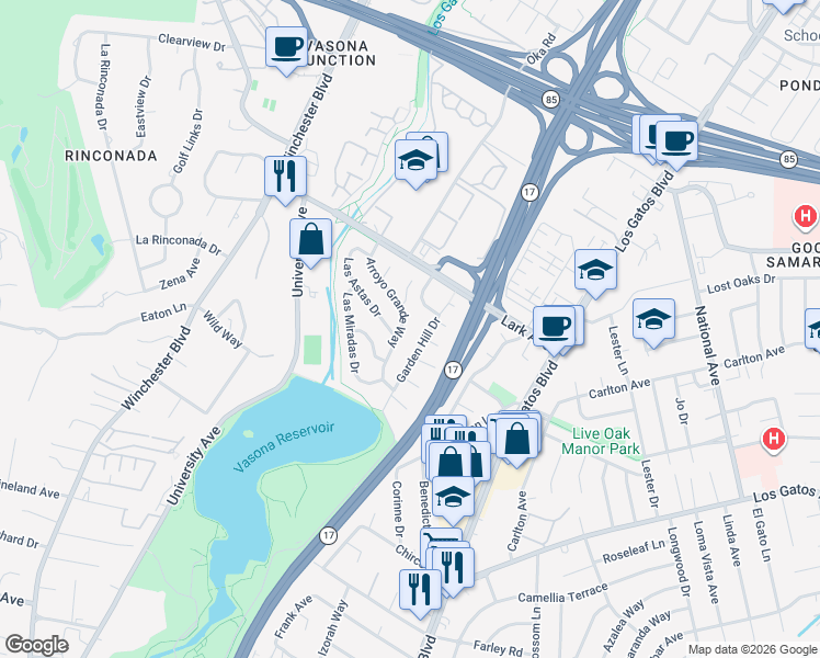 map of restaurants, bars, coffee shops, grocery stores, and more near 210 Garden Hill Drive in Los Gatos