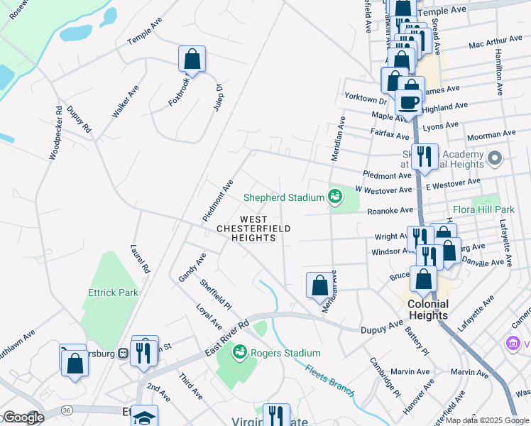 map of restaurants, bars, coffee shops, grocery stores, and more near 19915 Roosevelt Avenue in Ettrick