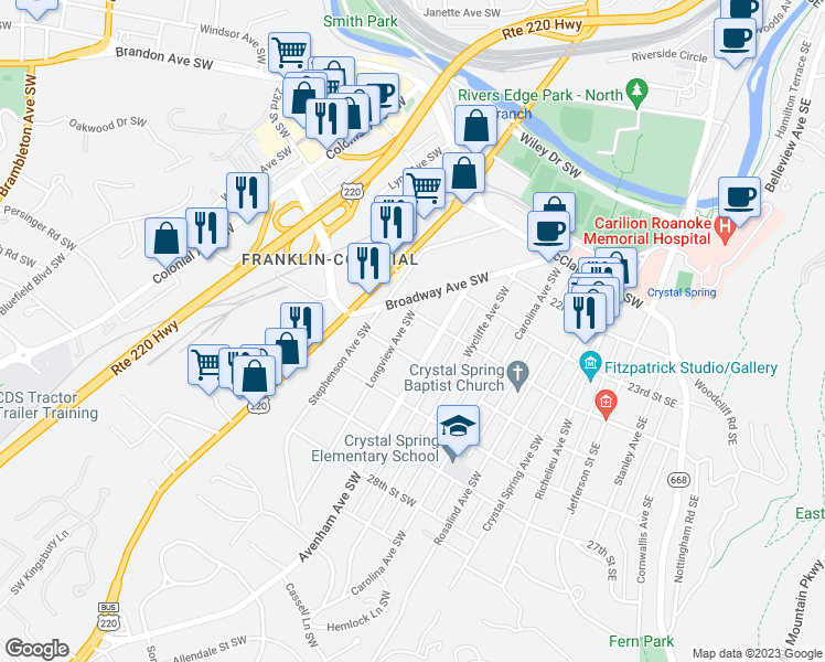 map of restaurants, bars, coffee shops, grocery stores, and more near 2408 Longview Avenue Southwest in Roanoke