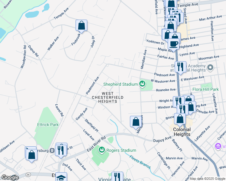 map of restaurants, bars, coffee shops, grocery stores, and more near 19915 Roosevelt Avenue in Ettrick