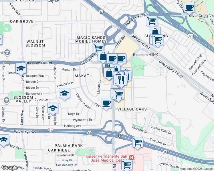 map of restaurants, bars, coffee shops, grocery stores, and more near 5709 Makati Circle in San Jose