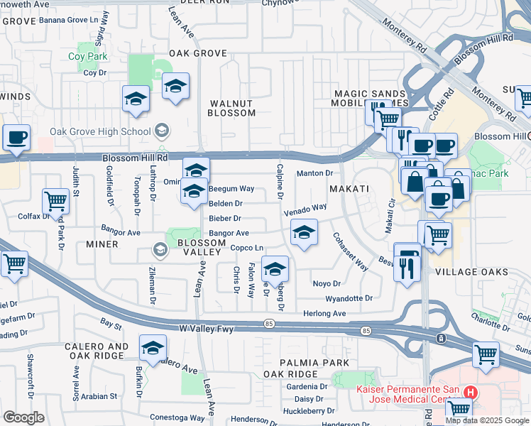 map of restaurants, bars, coffee shops, grocery stores, and more near 225 Bieber Drive in San Jose