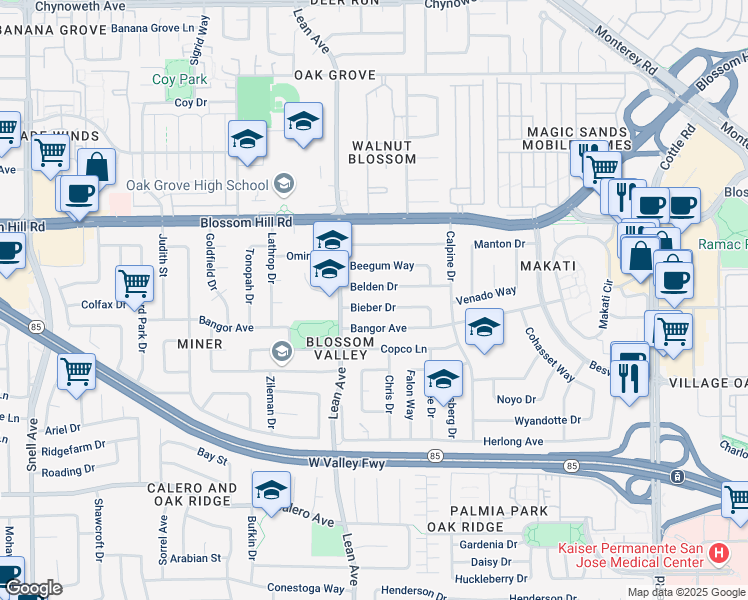 map of restaurants, bars, coffee shops, grocery stores, and more near 283 Bangor Avenue in San Jose