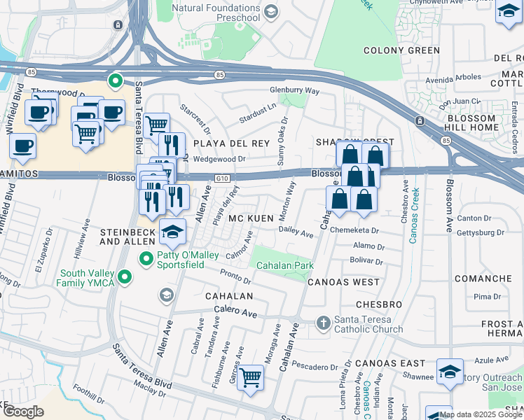 map of restaurants, bars, coffee shops, grocery stores, and more near 769 Dailey Avenue in San Jose