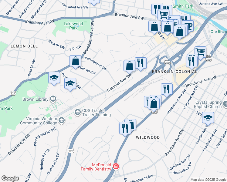 map of restaurants, bars, coffee shops, grocery stores, and more near U.S. 220 in Roanoke