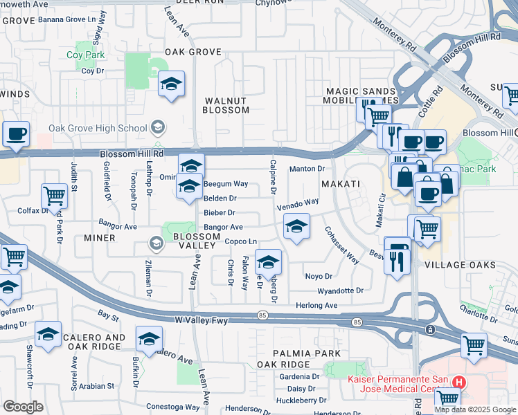 map of restaurants, bars, coffee shops, grocery stores, and more near 225 Bieber Drive in San Jose
