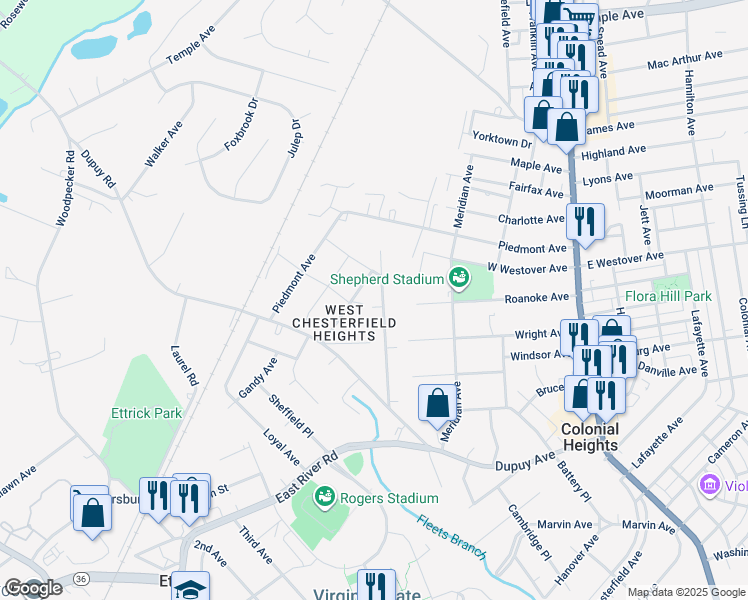 map of restaurants, bars, coffee shops, grocery stores, and more near 19910 Oakland Avenue in Ettrick