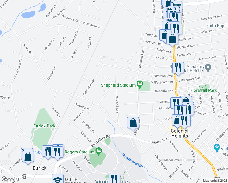 map of restaurants, bars, coffee shops, grocery stores, and more near 19910 Oakland Avenue in Ettrick