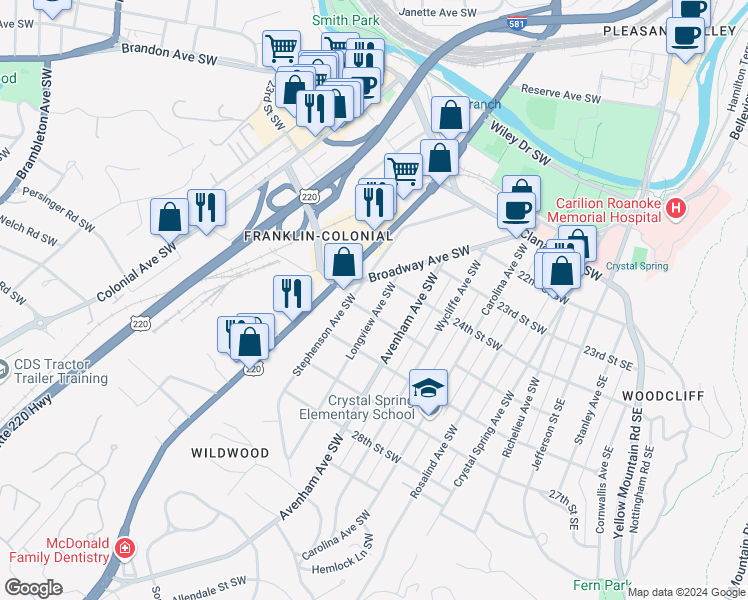 map of restaurants, bars, coffee shops, grocery stores, and more near 2425 Longview Avenue Southwest in Roanoke