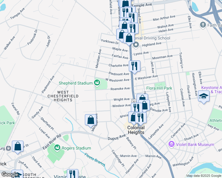 map of restaurants, bars, coffee shops, grocery stores, and more near 149 Roanoke Avenue in Colonial Heights