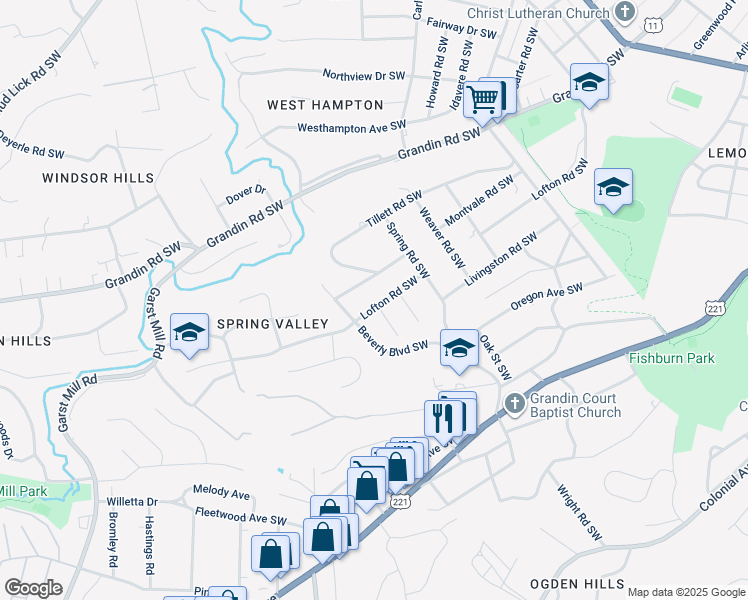 map of restaurants, bars, coffee shops, grocery stores, and more near 2755 Lofton Road Southwest in Roanoke
