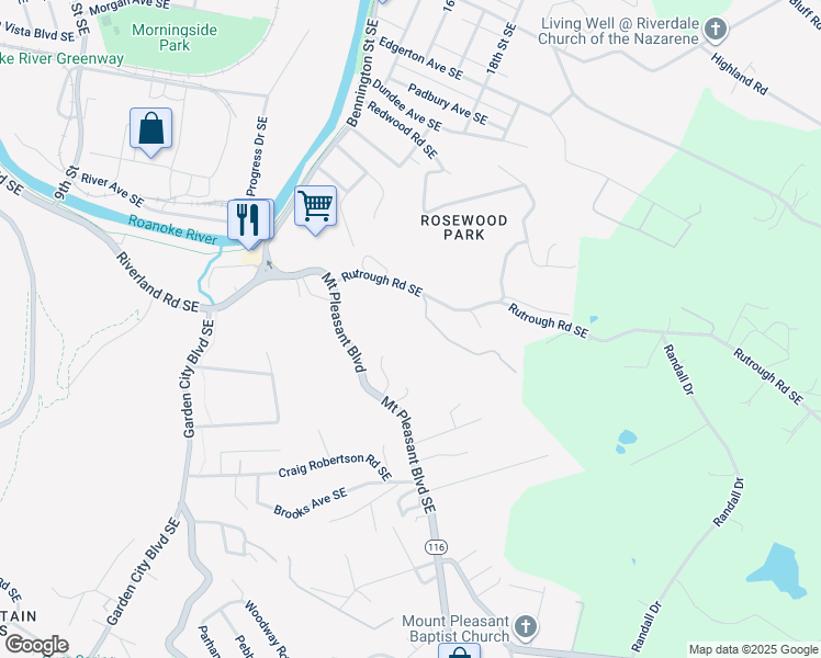 map of restaurants, bars, coffee shops, grocery stores, and more near 1801 Rutrough Road Southeast in Roanoke