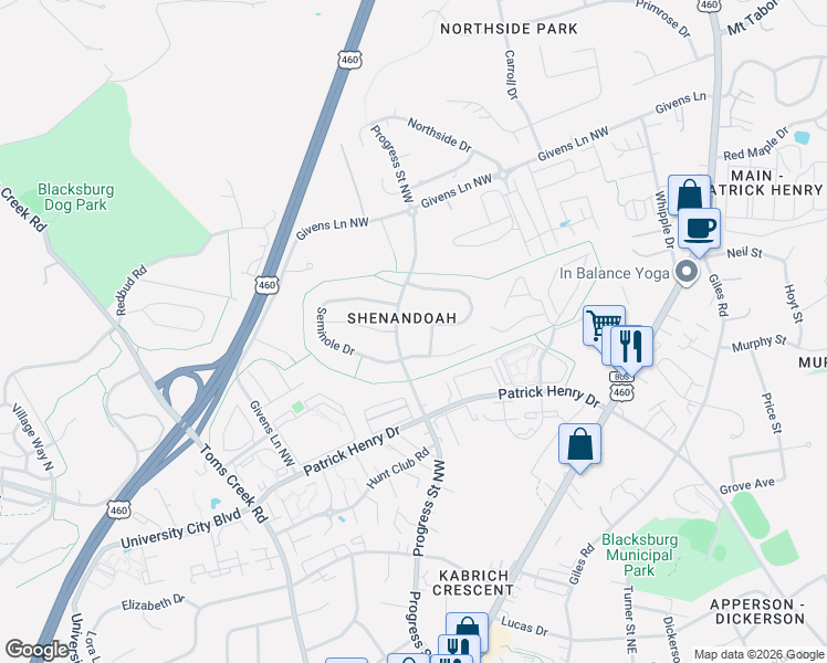 map of restaurants, bars, coffee shops, grocery stores, and more near 314 Seminole Drive in Blacksburg