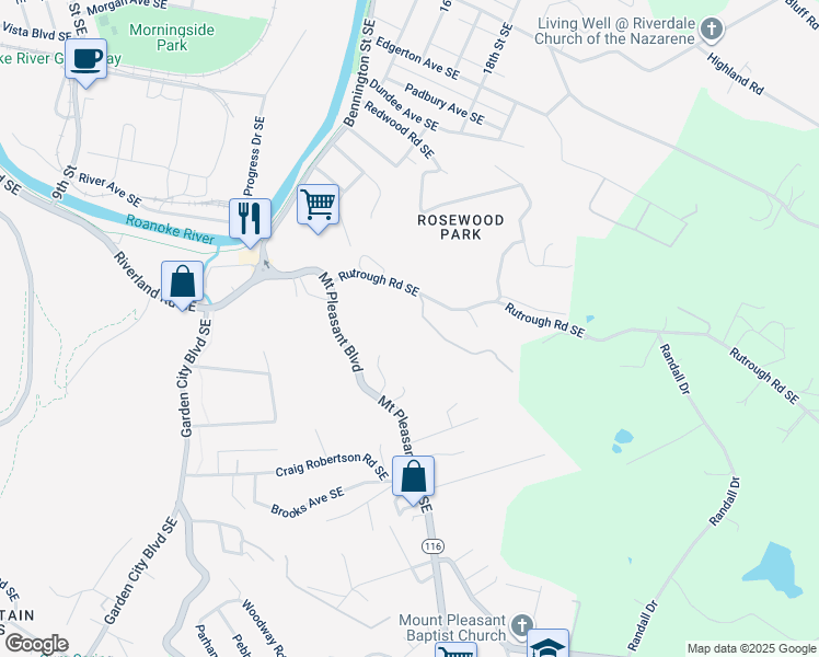 map of restaurants, bars, coffee shops, grocery stores, and more near 1801 Rutrough Road Southeast in Roanoke