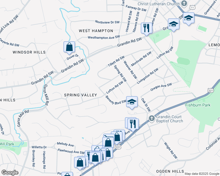 map of restaurants, bars, coffee shops, grocery stores, and more near 2755 Lofton Road Southwest in Roanoke