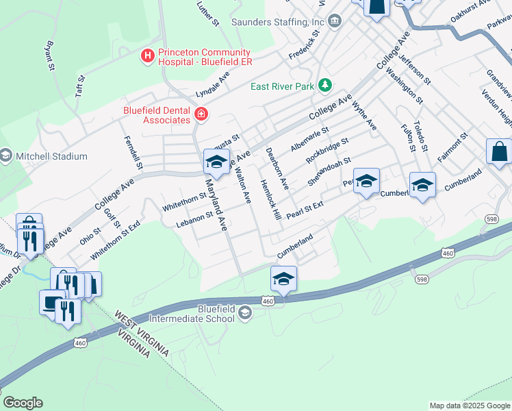 map of restaurants, bars, coffee shops, grocery stores, and more near 2100 Hemlock Hill in Bluefield