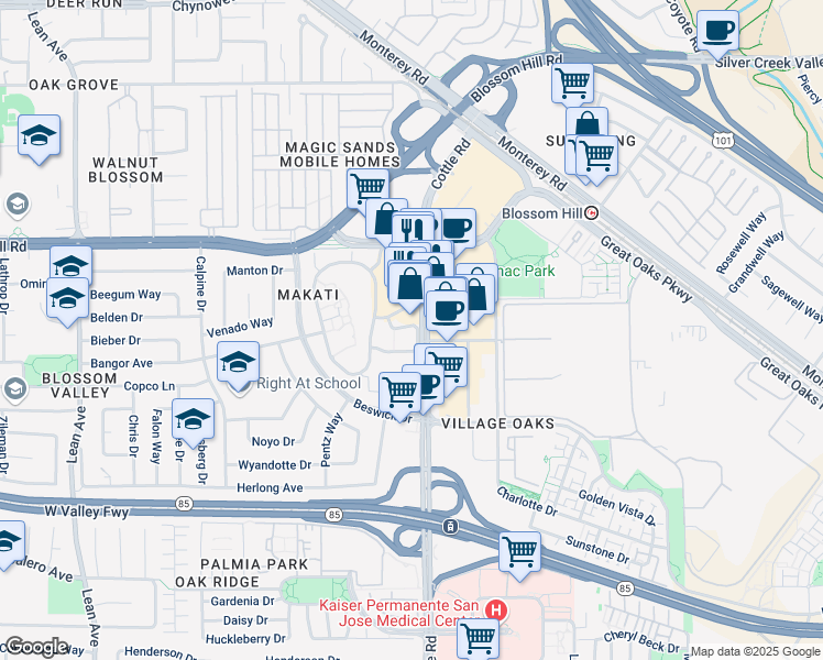 map of restaurants, bars, coffee shops, grocery stores, and more near 5711 Makati Circle in San Jose
