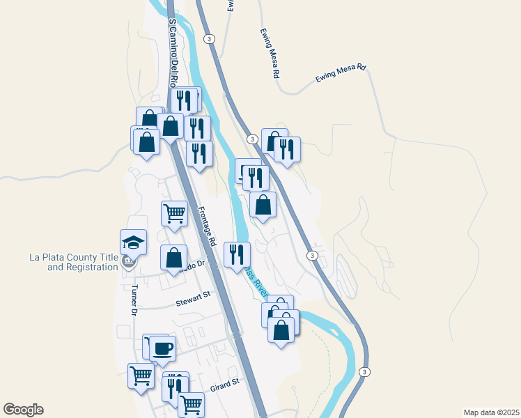 map of restaurants, bars, coffee shops, grocery stores, and more near 110 Rivergate Lane in Durango