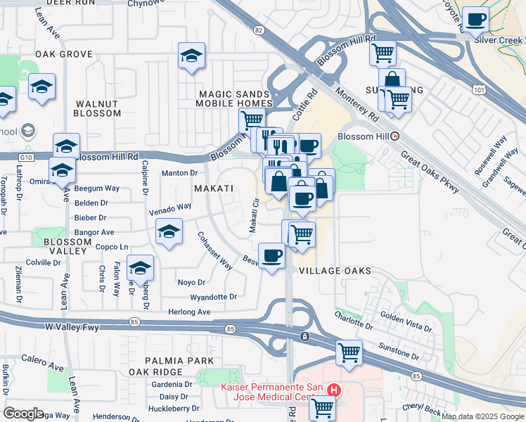 map of restaurants, bars, coffee shops, grocery stores, and more near 5719 Makati Circle in San Jose