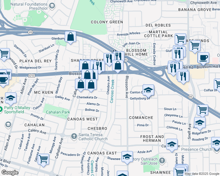 map of restaurants, bars, coffee shops, grocery stores, and more near 5652 Chesbro Avenue in San Jose