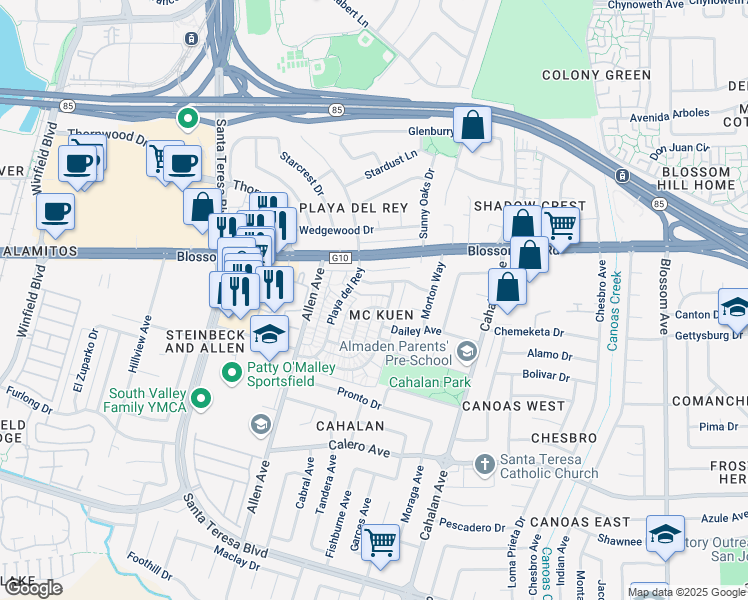 map of restaurants, bars, coffee shops, grocery stores, and more near 791 Delaware Avenue in San Jose