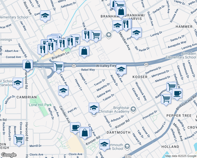 map of restaurants, bars, coffee shops, grocery stores, and more near 5068 Hawley Court in San Jose