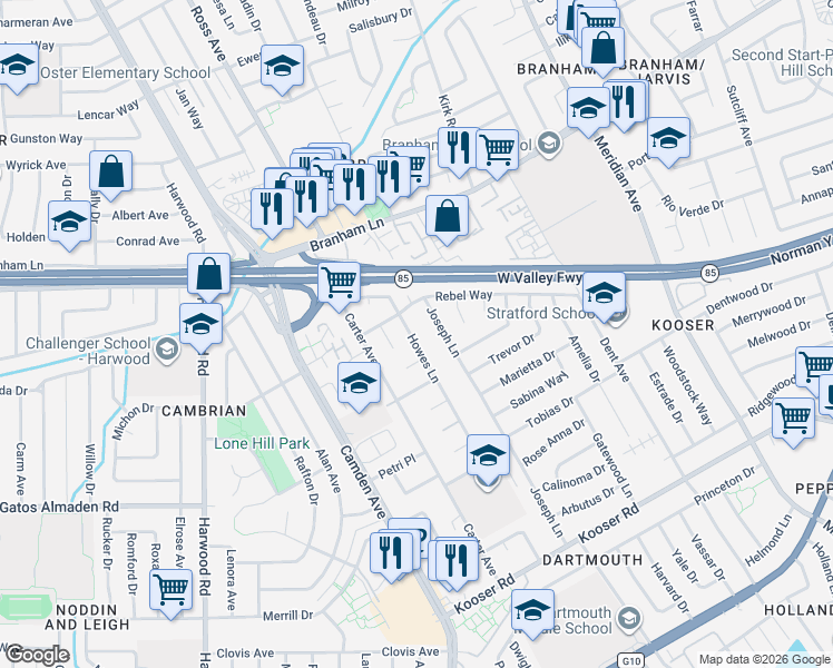 map of restaurants, bars, coffee shops, grocery stores, and more near 5012 Howes Lane in San Jose