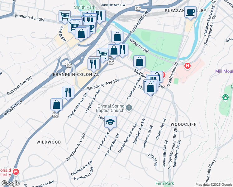 map of restaurants, bars, coffee shops, grocery stores, and more near 550-568 23rd Street Southwest in Roanoke