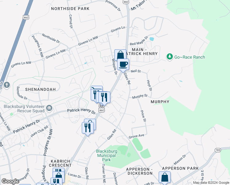 map of restaurants, bars, coffee shops, grocery stores, and more near 1508 U.S. 460 Business in Blacksburg