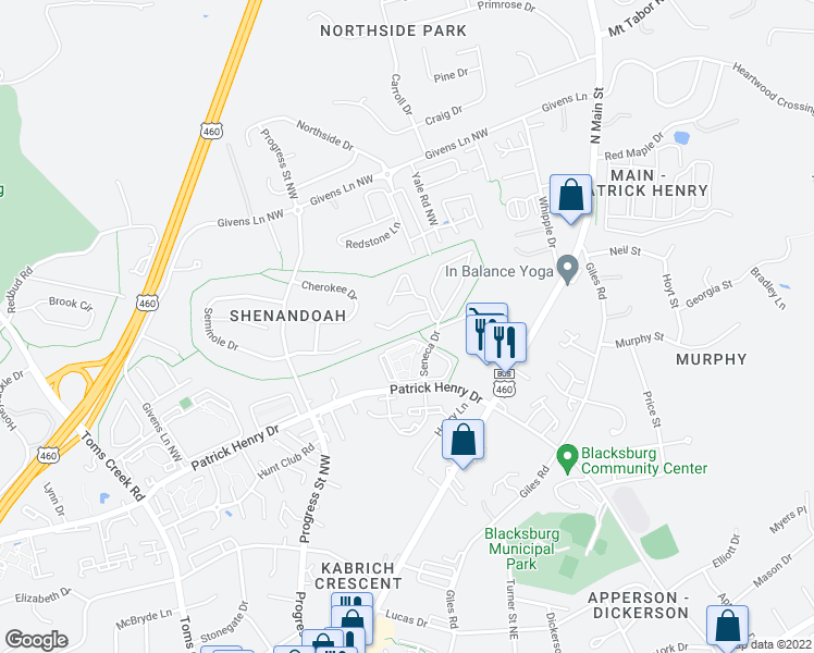 map of restaurants, bars, coffee shops, grocery stores, and more near 221 Pheasant Run Drive in Blacksburg