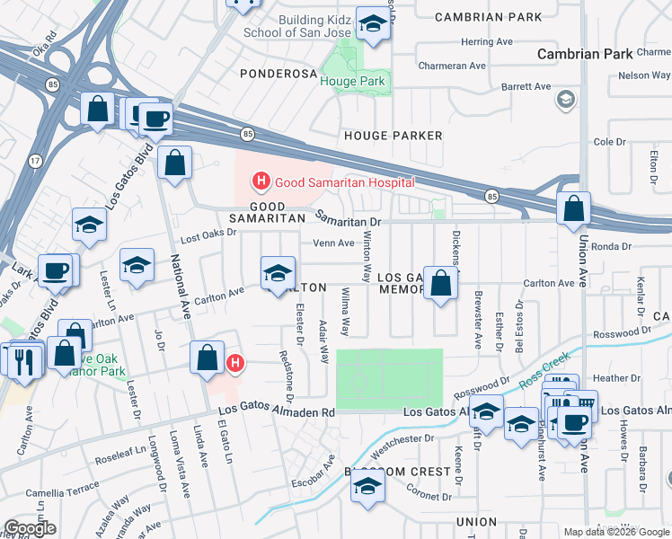 map of restaurants, bars, coffee shops, grocery stores, and more near 2340 Venndale Avenue in San Jose