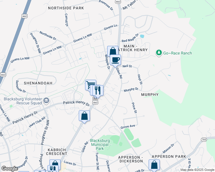 map of restaurants, bars, coffee shops, grocery stores, and more near 1502 North Main Street in Blacksburg