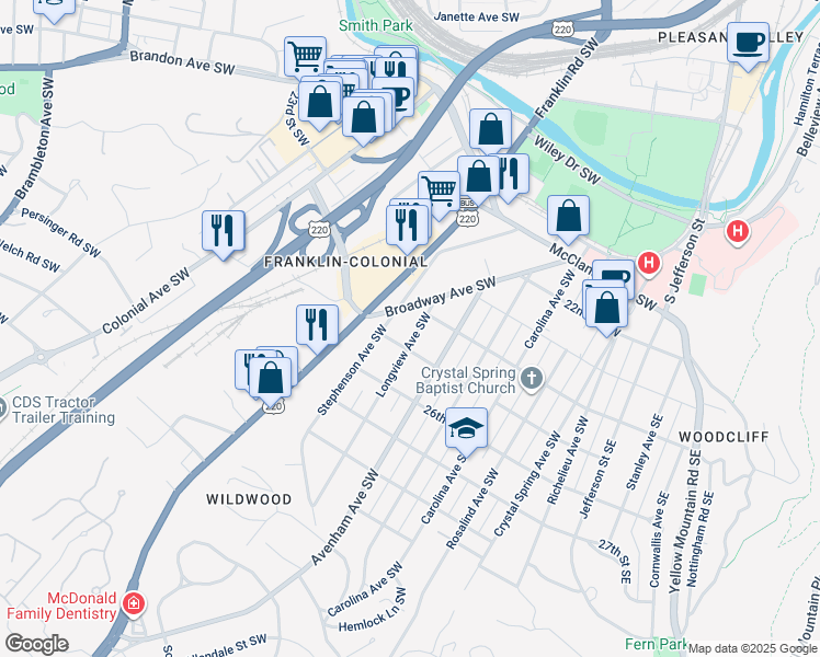 map of restaurants, bars, coffee shops, grocery stores, and more near 2415 Longview Avenue Southwest in Roanoke