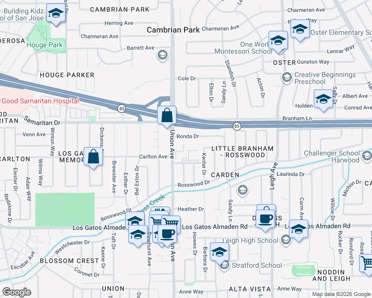 map of restaurants, bars, coffee shops, grocery stores, and more near 4836 Lakebird Place in San Jose