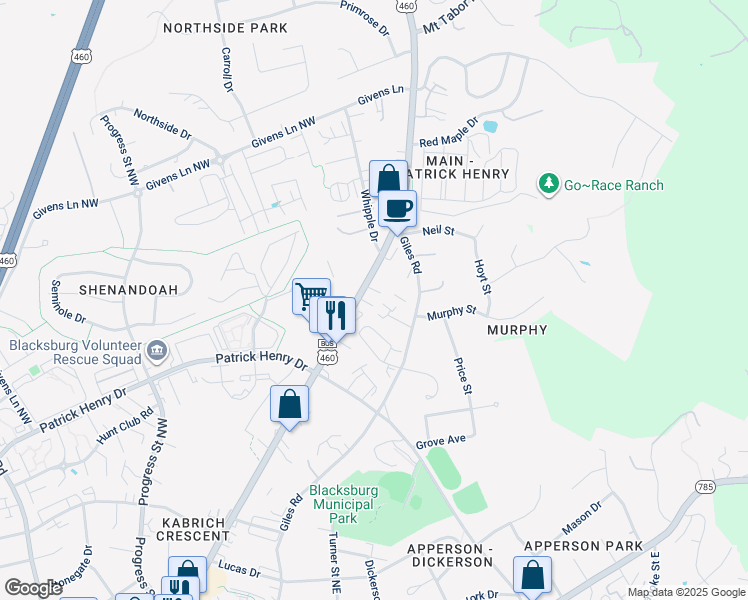 map of restaurants, bars, coffee shops, grocery stores, and more near 1502 North Main Street in Blacksburg