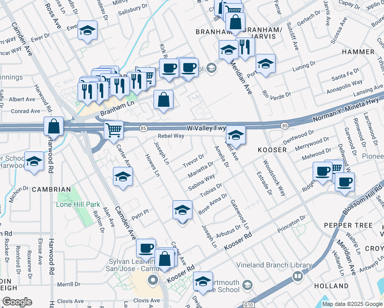 map of restaurants, bars, coffee shops, grocery stores, and more near 1574 Ballantree Way in San Jose