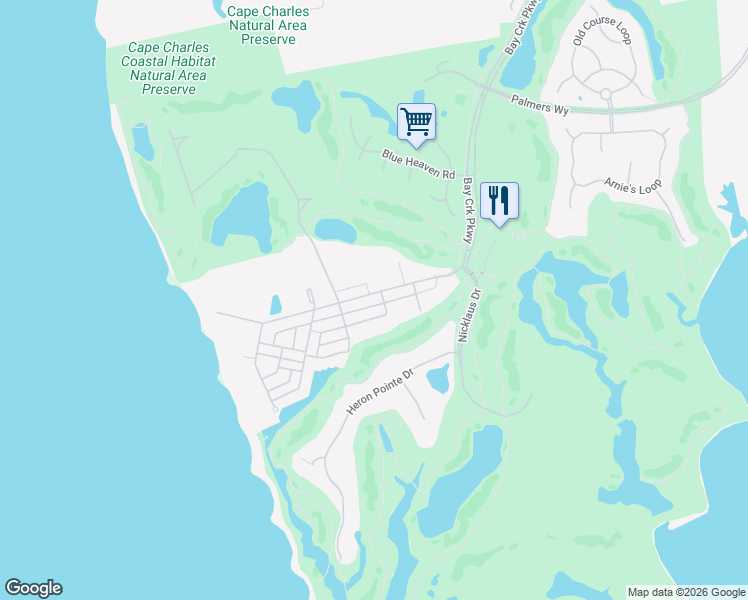 map of restaurants, bars, coffee shops, grocery stores, and more near Bayside Avenue in Cape Charles