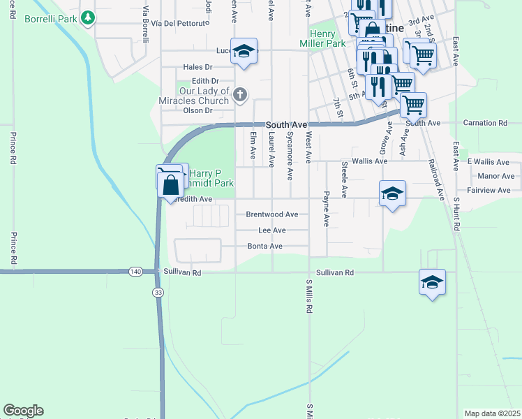 map of restaurants, bars, coffee shops, grocery stores, and more near 1080 Elm Avenue in Gustine