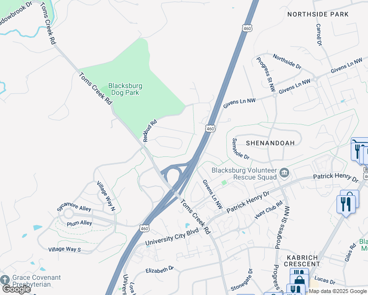 map of restaurants, bars, coffee shops, grocery stores, and more near 1201 Brook Circle in Blacksburg