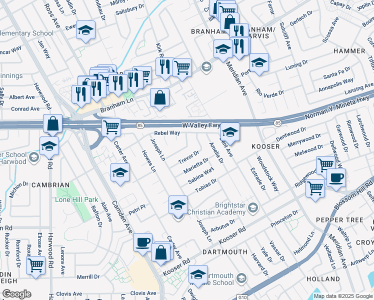 map of restaurants, bars, coffee shops, grocery stores, and more near 1574 Ballantree Way in San Jose
