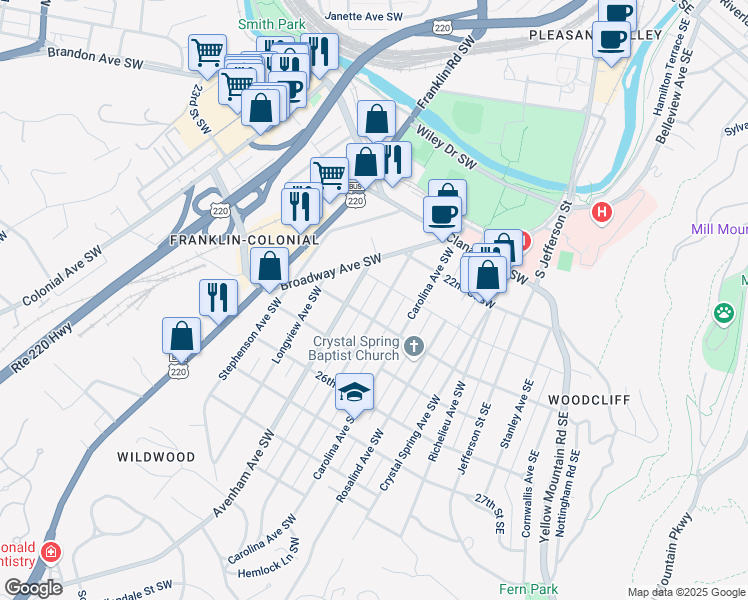 map of restaurants, bars, coffee shops, grocery stores, and more near 550-568 23rd Street Southwest in Roanoke