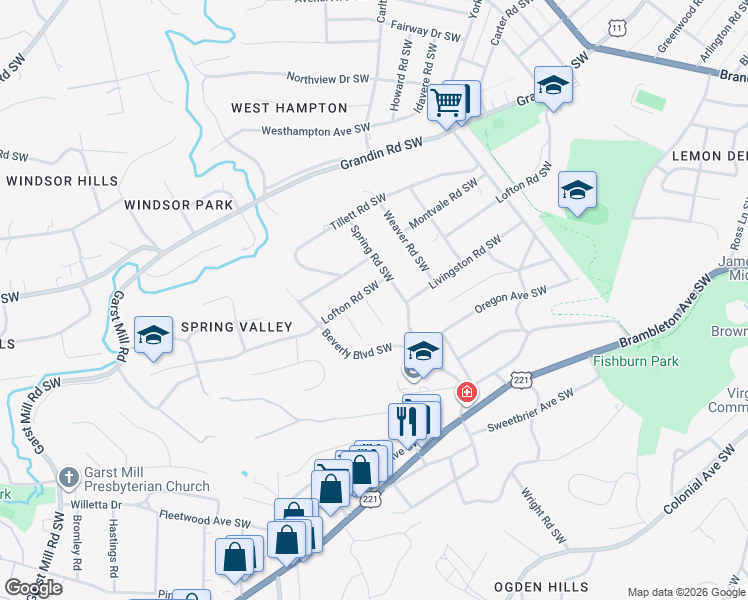 map of restaurants, bars, coffee shops, grocery stores, and more near 2719 Lofton Road in Roanoke