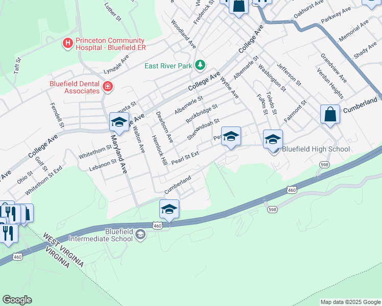 map of restaurants, bars, coffee shops, grocery stores, and more near 904 Pearl Street in Bluefield