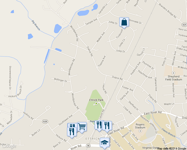 map of restaurants, bars, coffee shops, grocery stores, and more near 3801 Dupuy Road in Petersburg