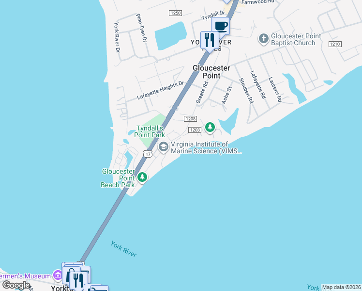 map of restaurants, bars, coffee shops, grocery stores, and more near 1375 Greate Road in Gloucester Point