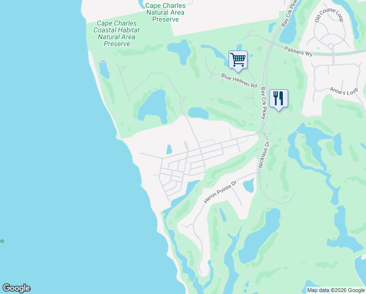 map of restaurants, bars, coffee shops, grocery stores, and more near 1 Beach Club Way in Cape Charles