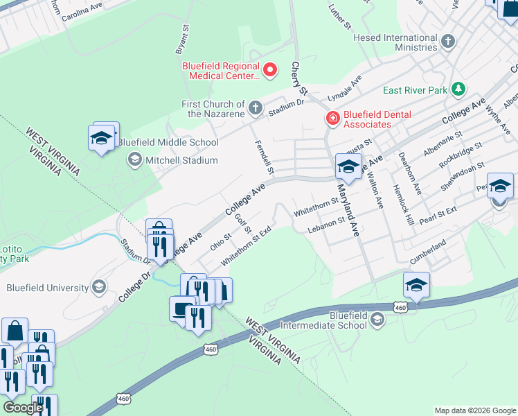 map of restaurants, bars, coffee shops, grocery stores, and more near 1535 College Avenue in Bluefield