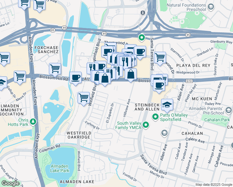 map of restaurants, bars, coffee shops, grocery stores, and more near 940 Blossom Hill Rd in San Jose