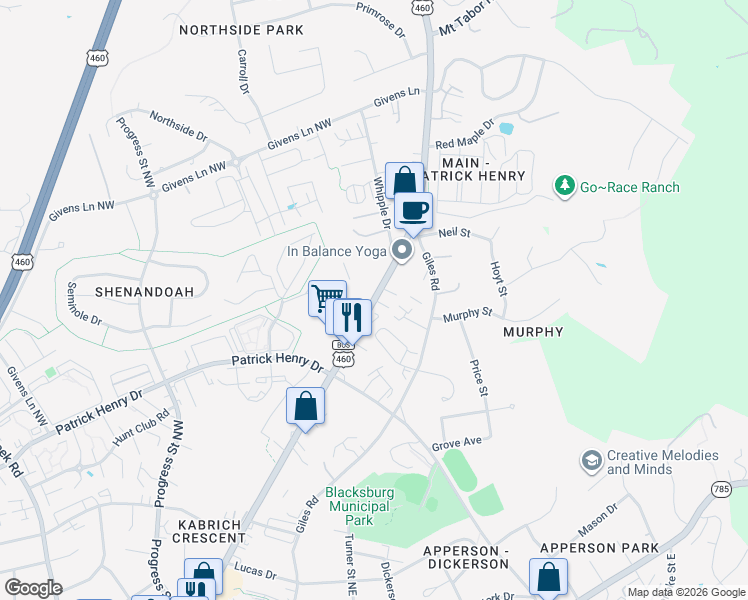 map of restaurants, bars, coffee shops, grocery stores, and more near North Main Street in Blacksburg