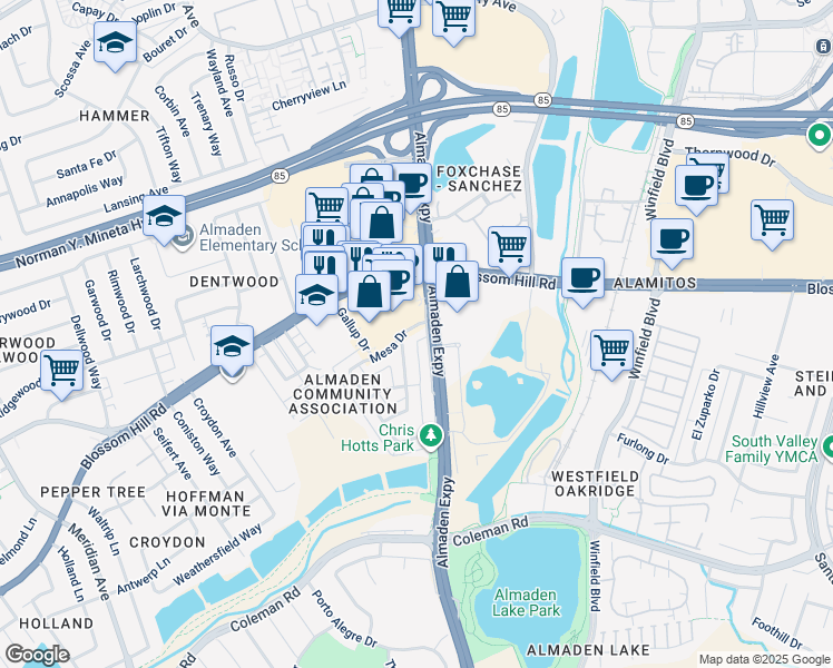 map of restaurants, bars, coffee shops, grocery stores, and more near 1110 Blossom Hill Road in San Jose